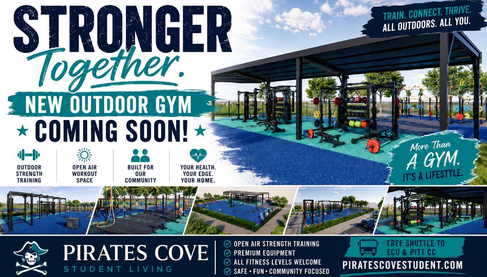 Stronger Together: a new outdoor gym is coming soon to Pirates Cove, with open-air strength training, premium equipment and a free shuttle to ECU and Pitt CC.